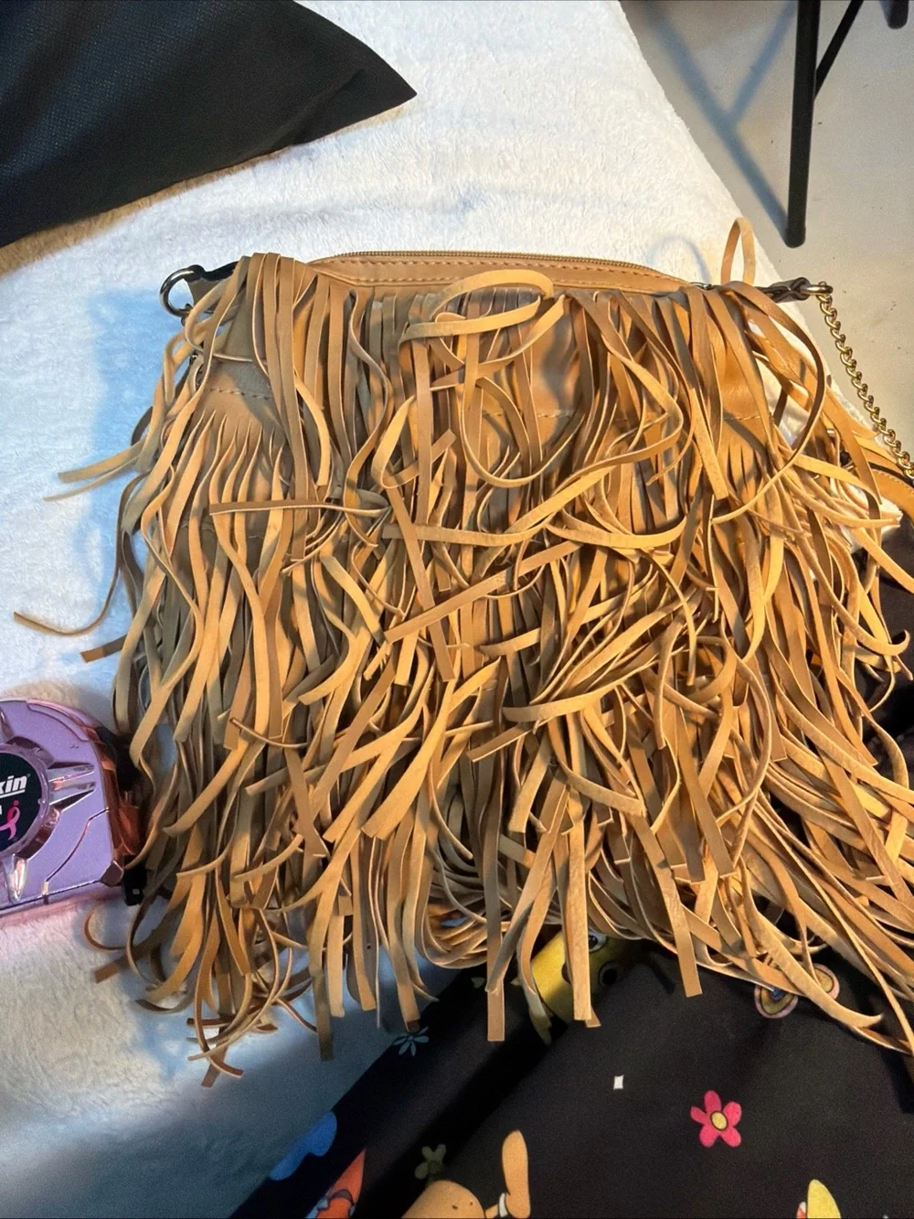 Yoki Faux Fringed Leather Crossbody Bag in Tan